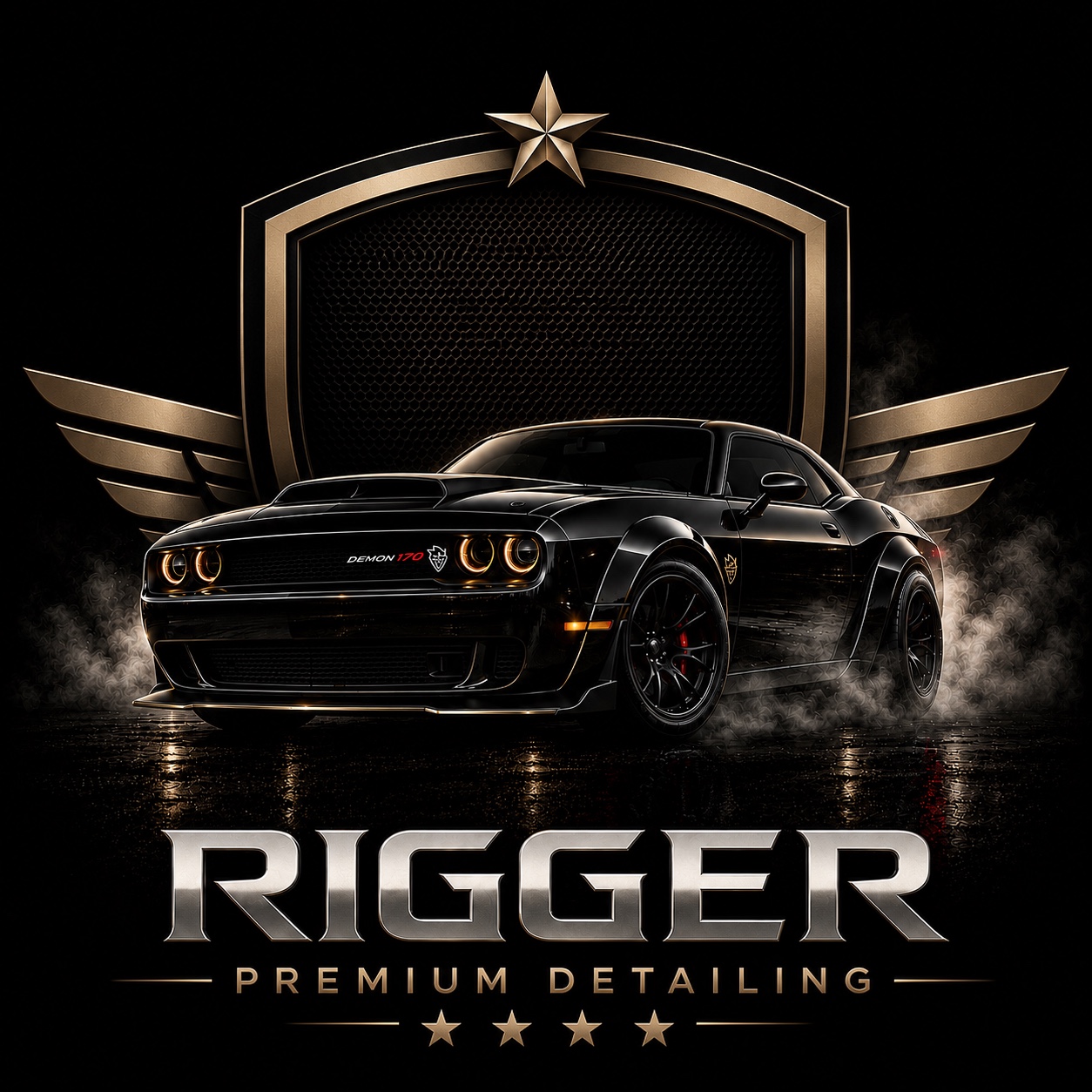 Rigger Premium Detailing: escudo dorado con Dodge Challenger negro